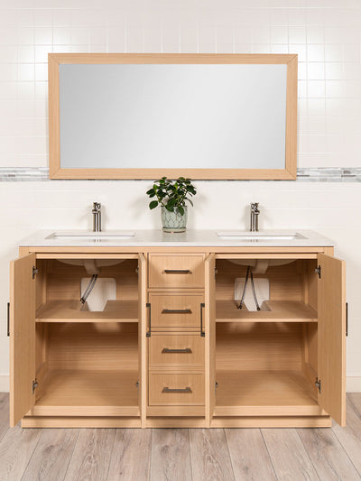 doors open on double vanity with a shelf that has a cut out for the plumbing