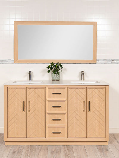 double vanity in light oak with herrinbone design. brushed nickel faucets, brushed pulls, matching mirror