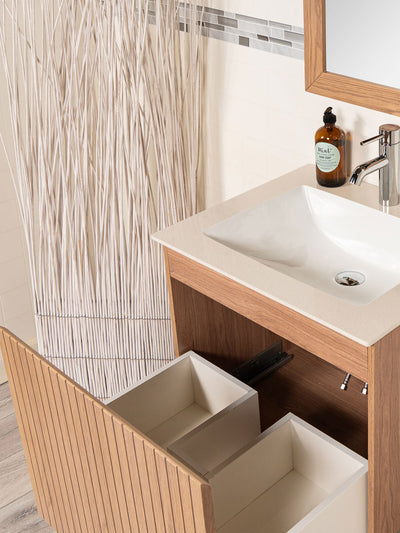 one deep drawer, cut out for plumbing