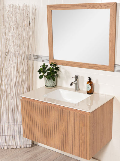 reeded vanity, sintered stone counter, chrome mirror, wood framed mirror