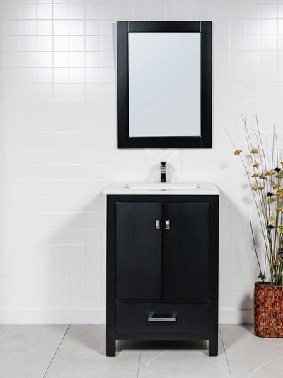 black bathroom cabinet with matching mirror. white quartz counter