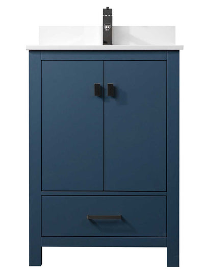 blue bathroom cabinet with white counter