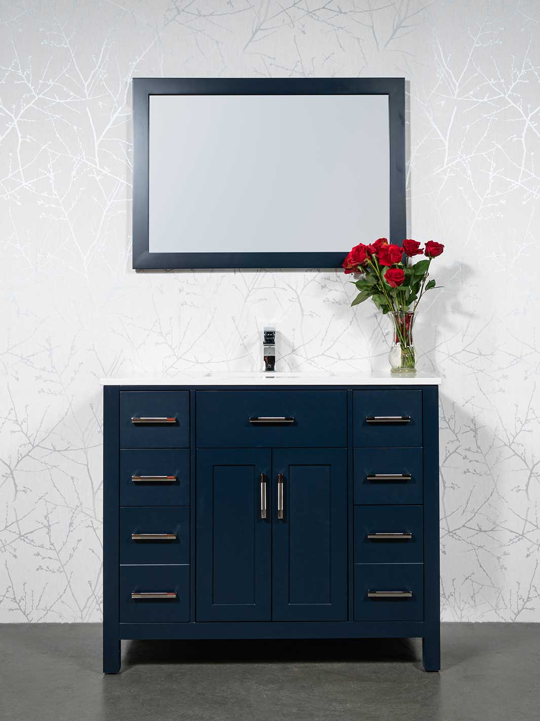 Navy blue vanity with matching mirror
