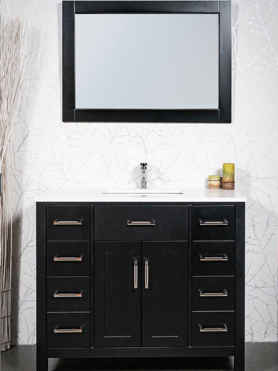 42 inch balck vanity with white quartz counter, mirror and faucet