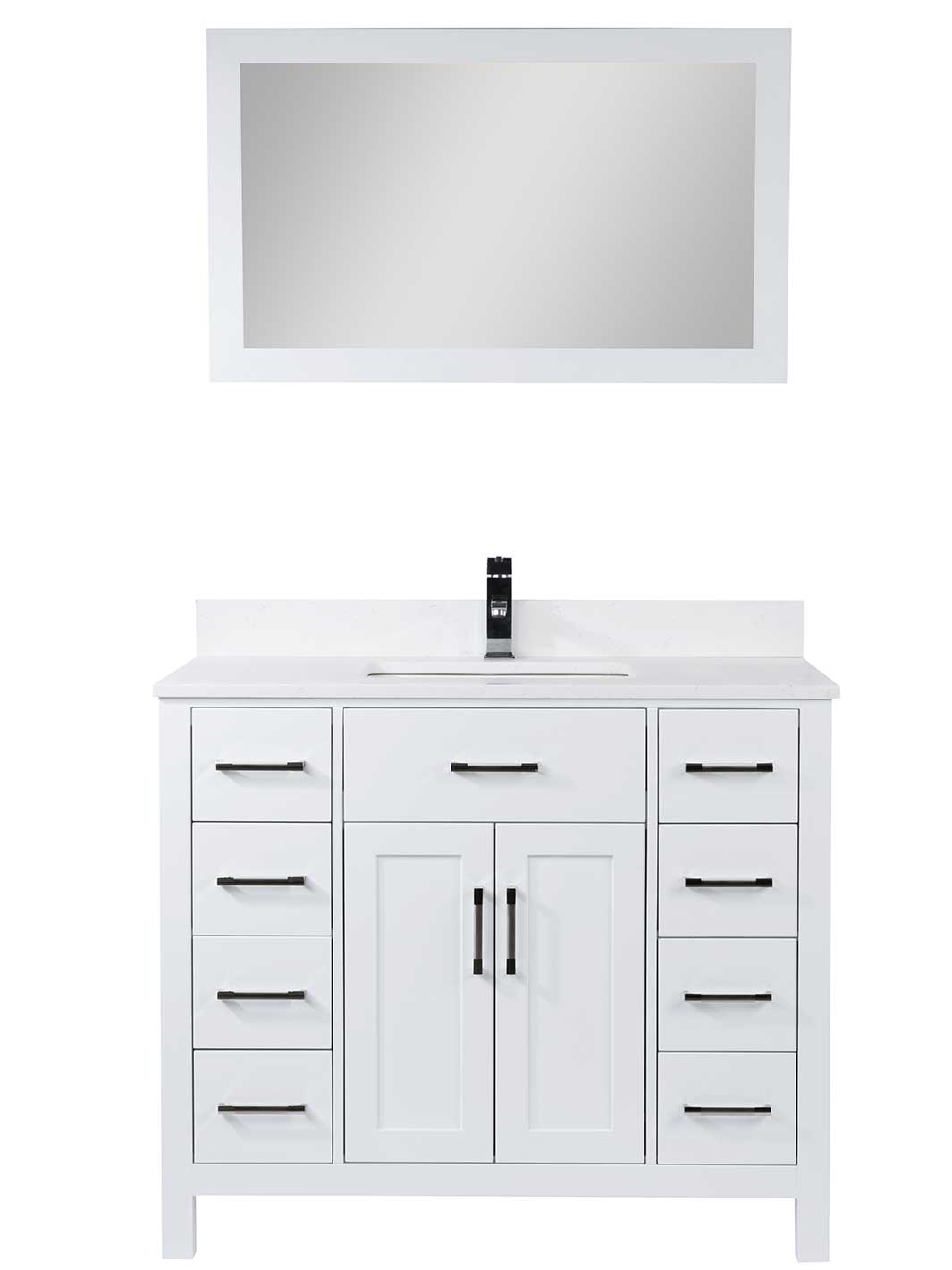 42 inch vanity in white with 3 drawers on either side and a cpboard beneath the sink