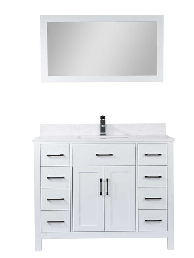 white bathroom vanitity with drawers on each side. white framed mirror