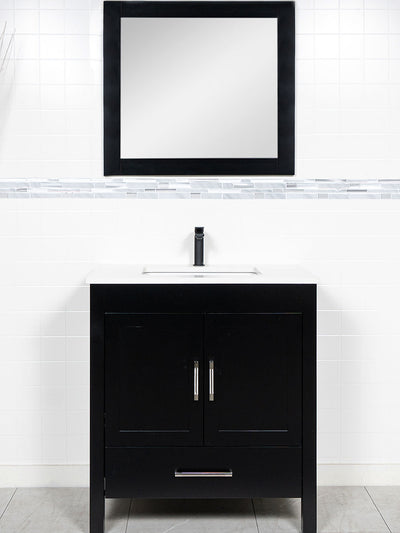 32 inch black bathroom vanity with white quartz counter, black faucet and black framed mirror