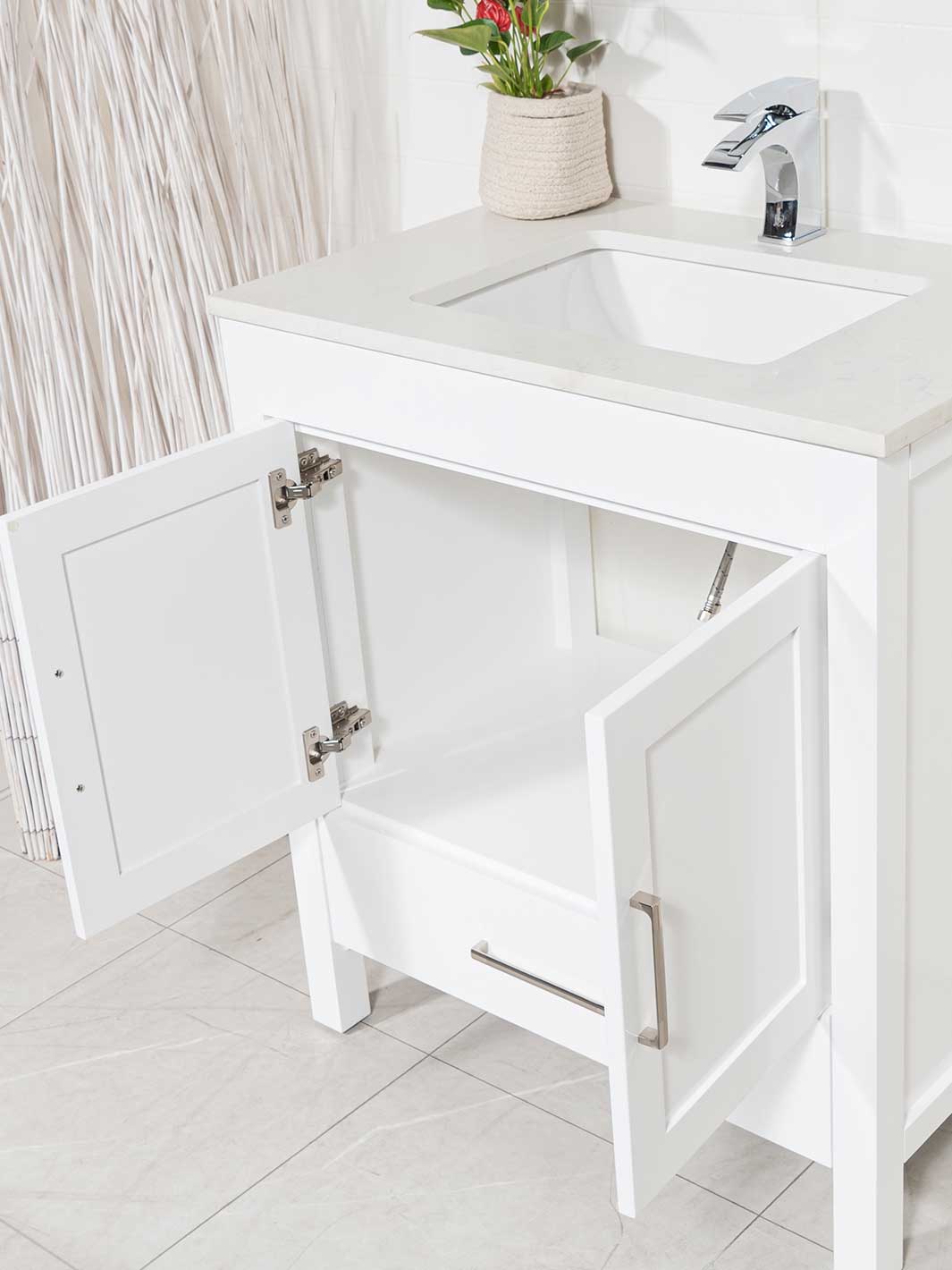 32 inch white bathroom vanity with cupboard under sink and bottom drawer 