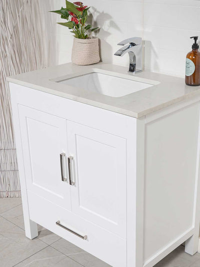 side view 32 inch white bathroom vanity with quartz counter, and chrome faucet