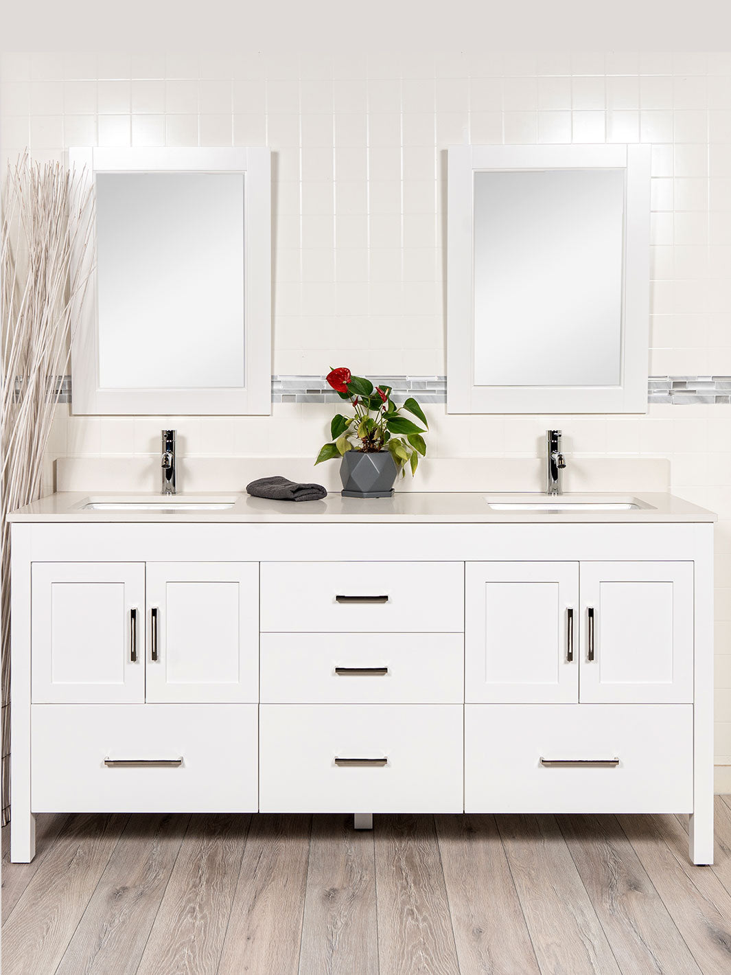 72 inch vanity. 2 sinks. white with white wood framed mirrors