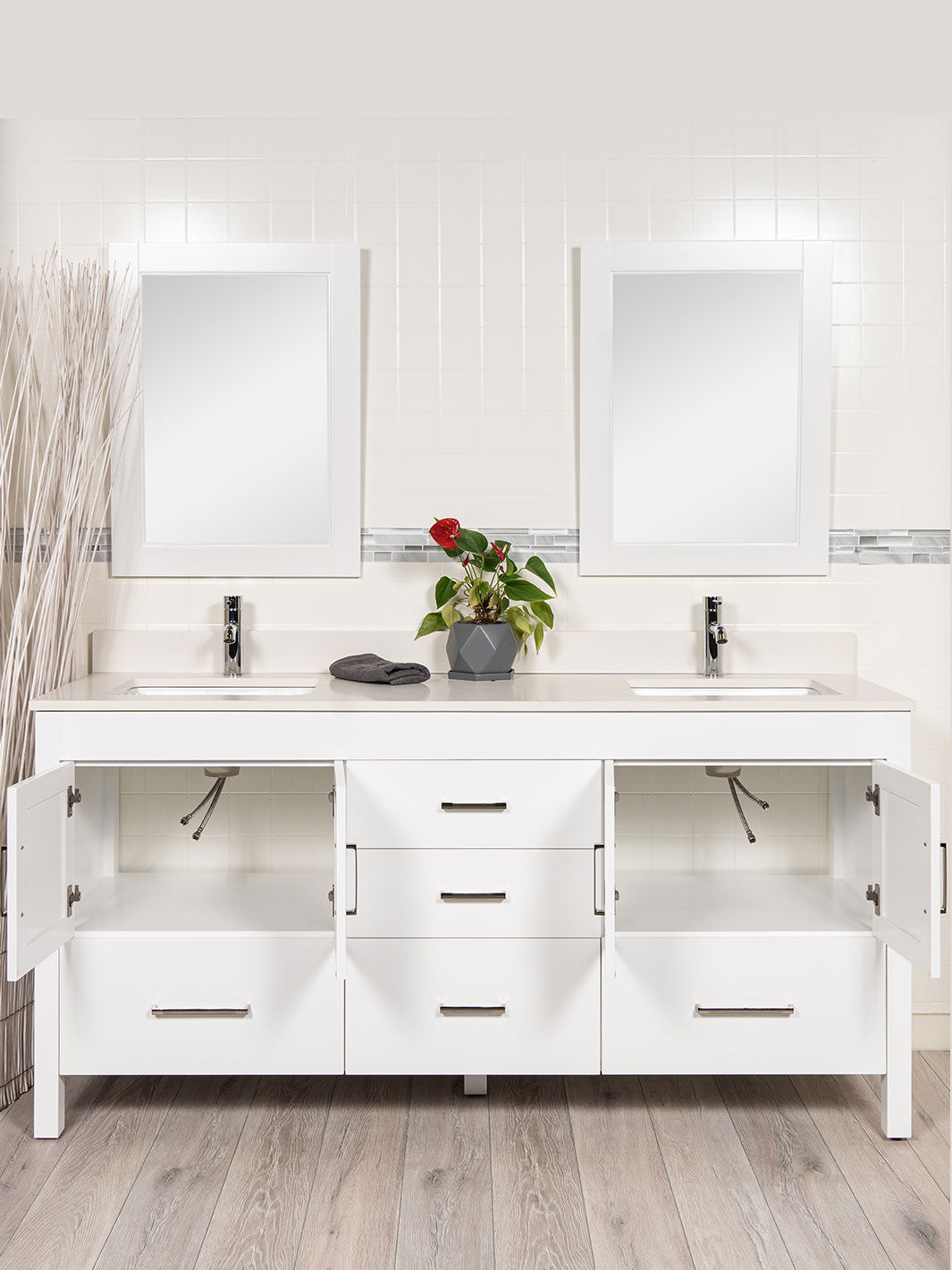 white 72 inch vanity with doors opem