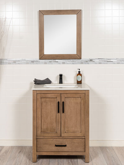 28 inch vanity white oak finish. white quartz. matching mirror. black pulls