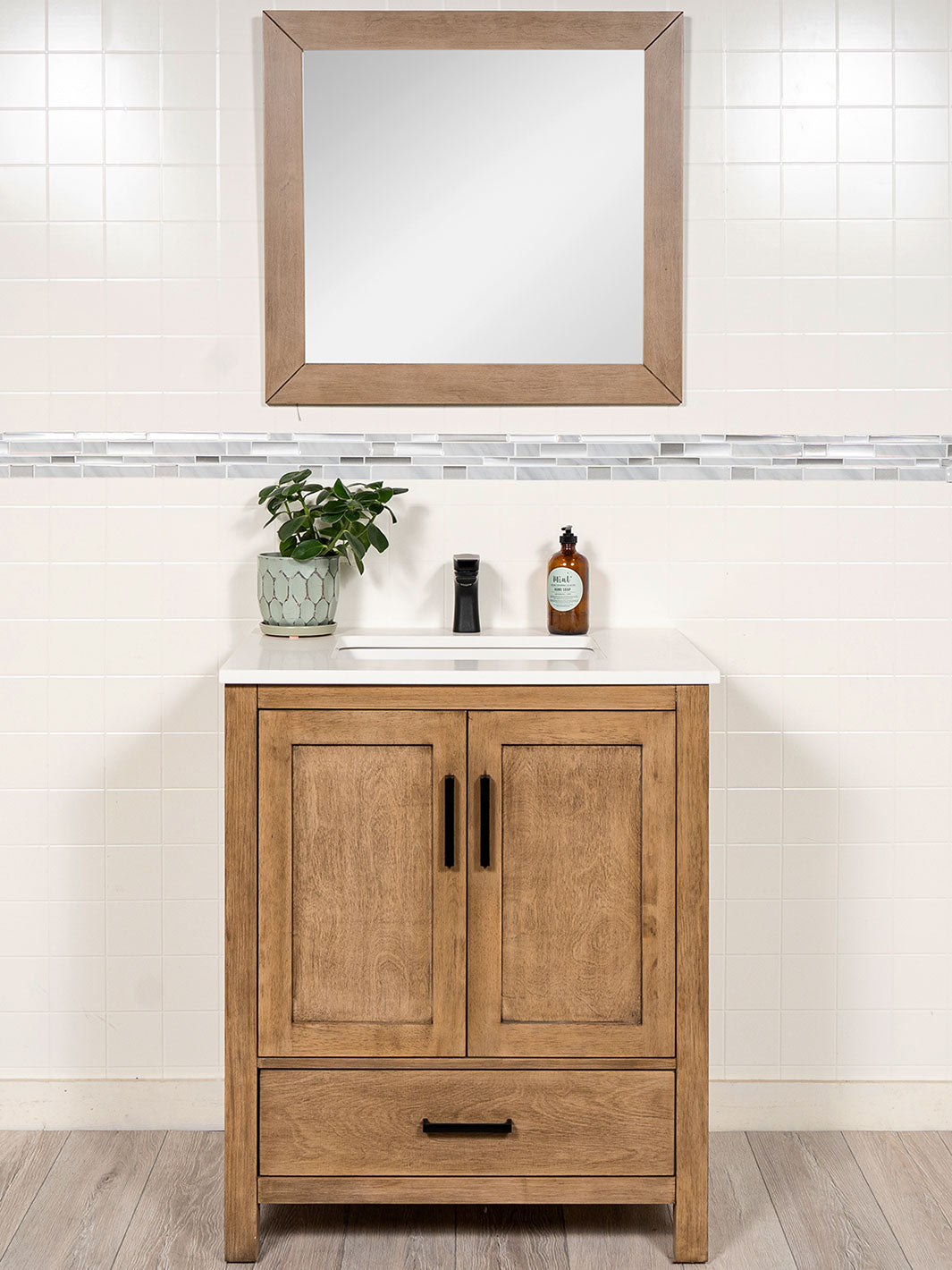 30 inch white oak vanity with wood framed mirror