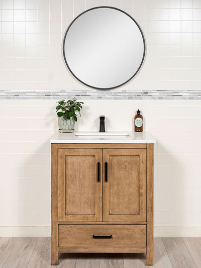 30 inch white oak vanity with round black framed mirror