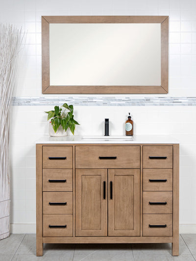 White oak vanity 45 inches, quartz counter, black faucet and hardware, white oak framed mirror