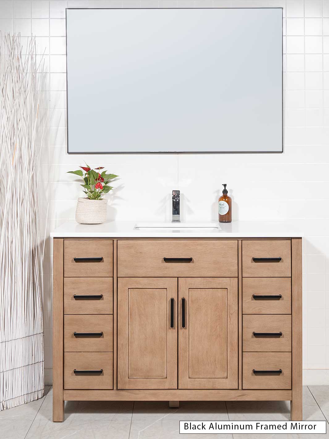 48 inch white oak vanity with a black aluminum framed mirror