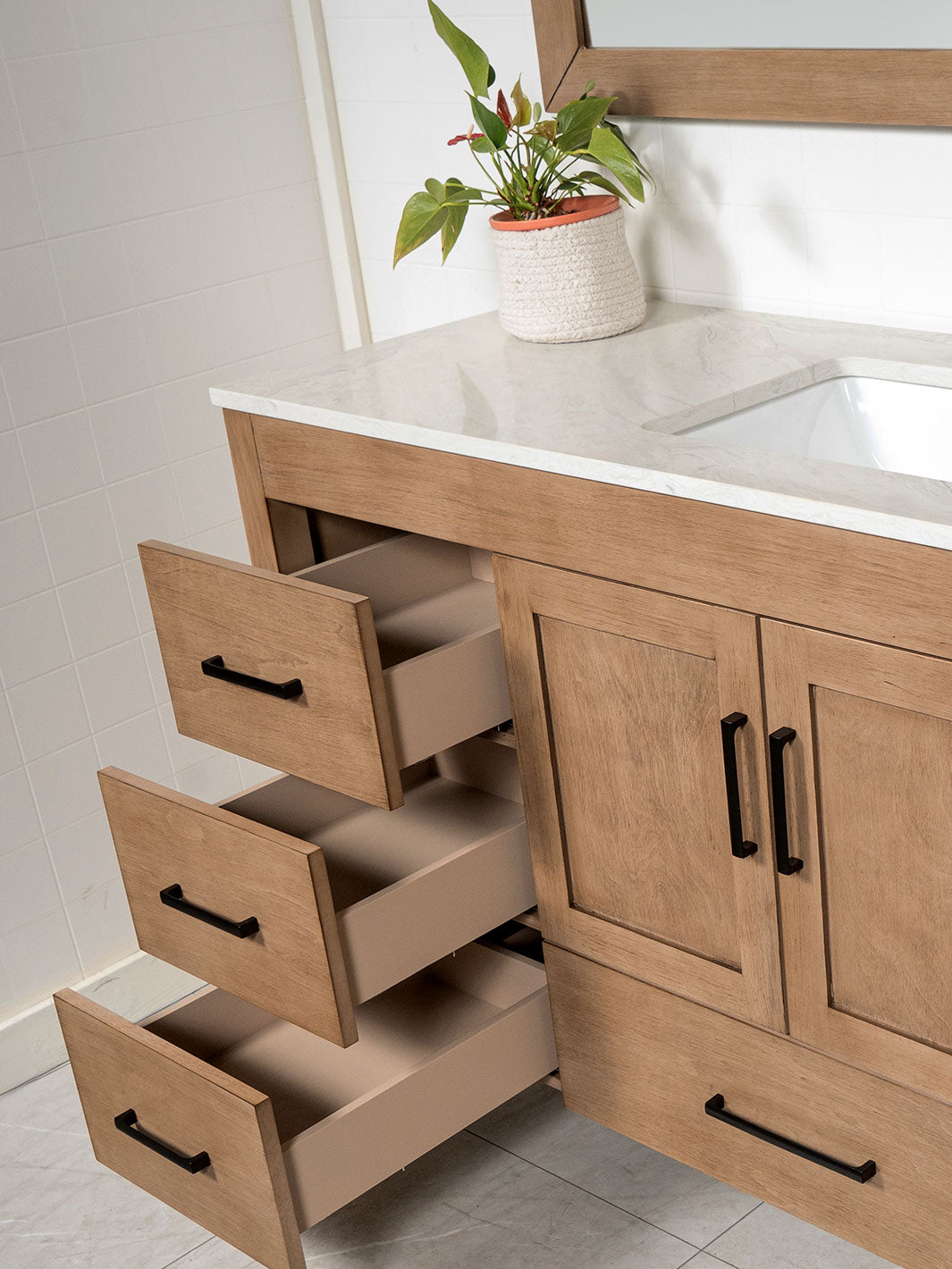 Drawers of vanity open to show full extension