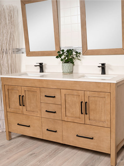 white oak vanity with black door pulls and black faucets