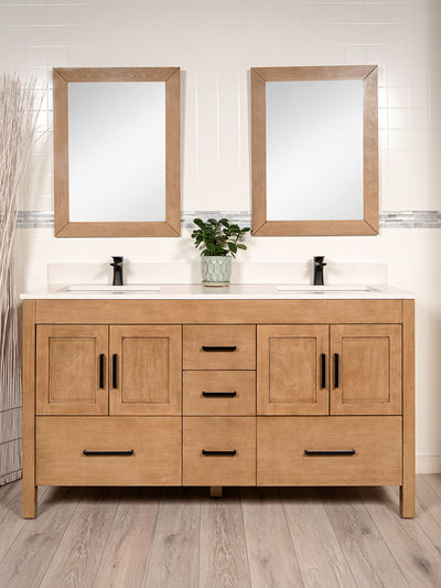 white oak double vanity, black door pulls, wood framed mirrors, black faucets