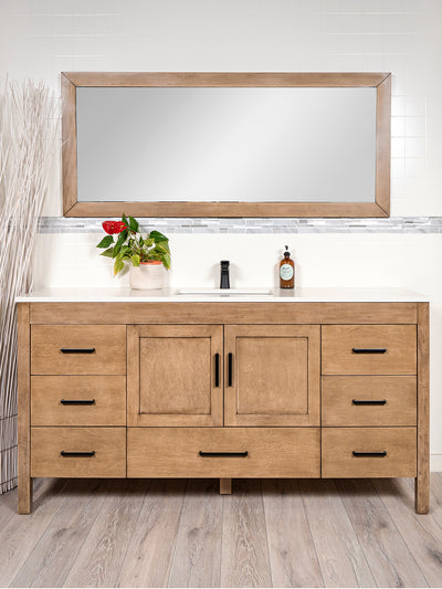 68 inch white oak one sink vanity with matching mirror, black pulls and white quartz counter