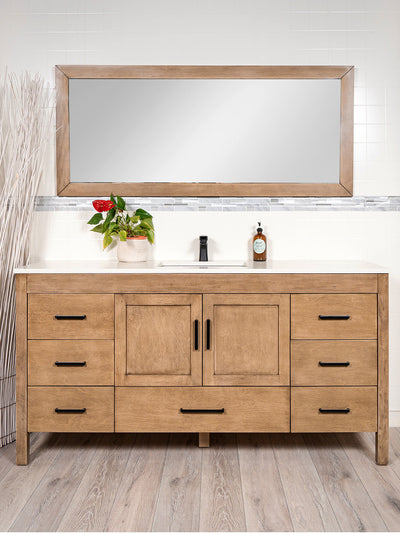 68 inch white oak vanity with matching mirror, black pulls and white quartz counter