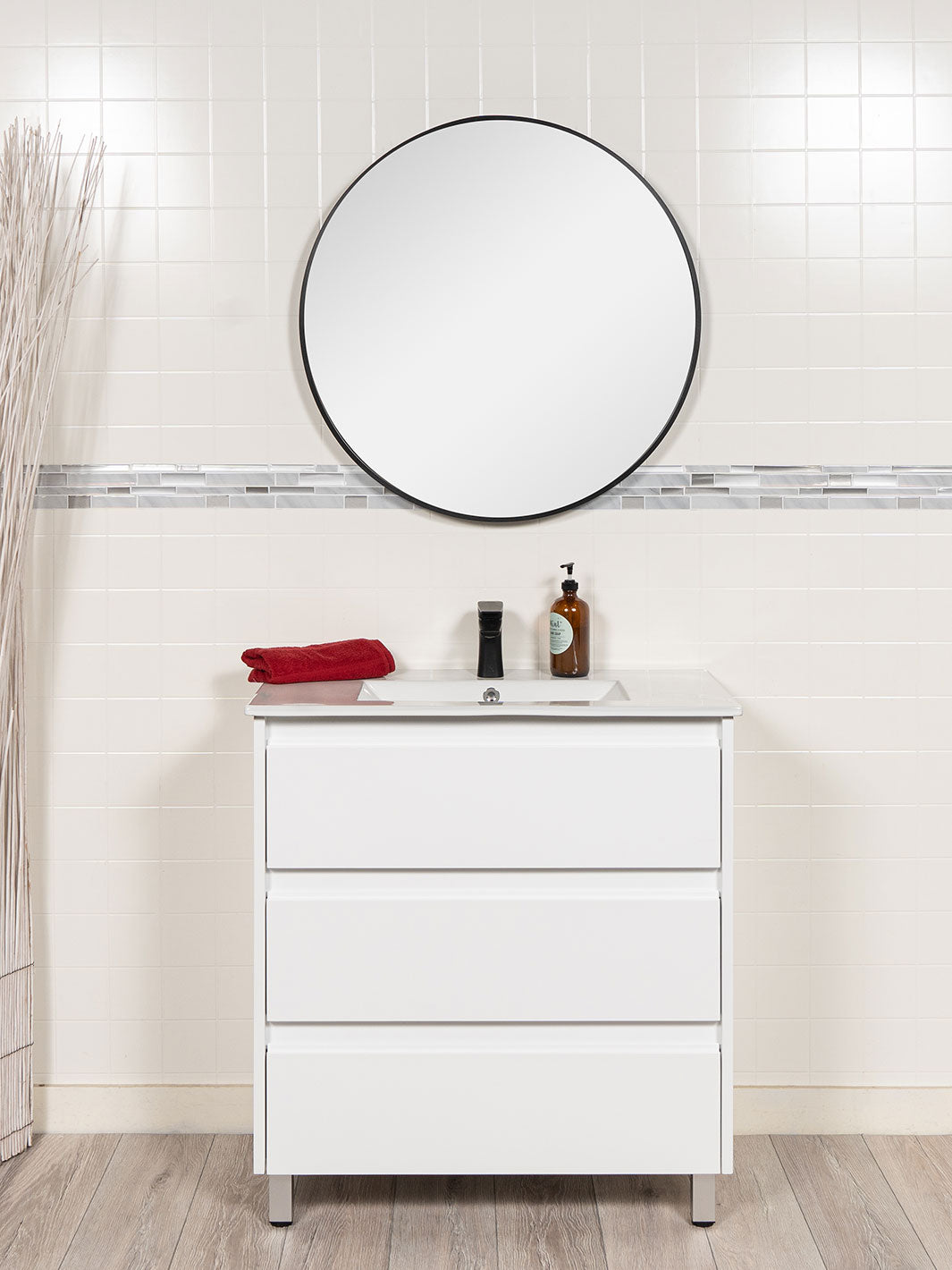 32 inch vanity with 3 drawers white finish. round black framed mirror