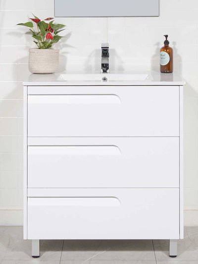 white vanity with 3 drawers