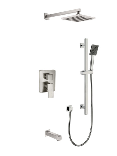 brushed nickel rainhead, diverter, handshower with sliding bar and tub spout