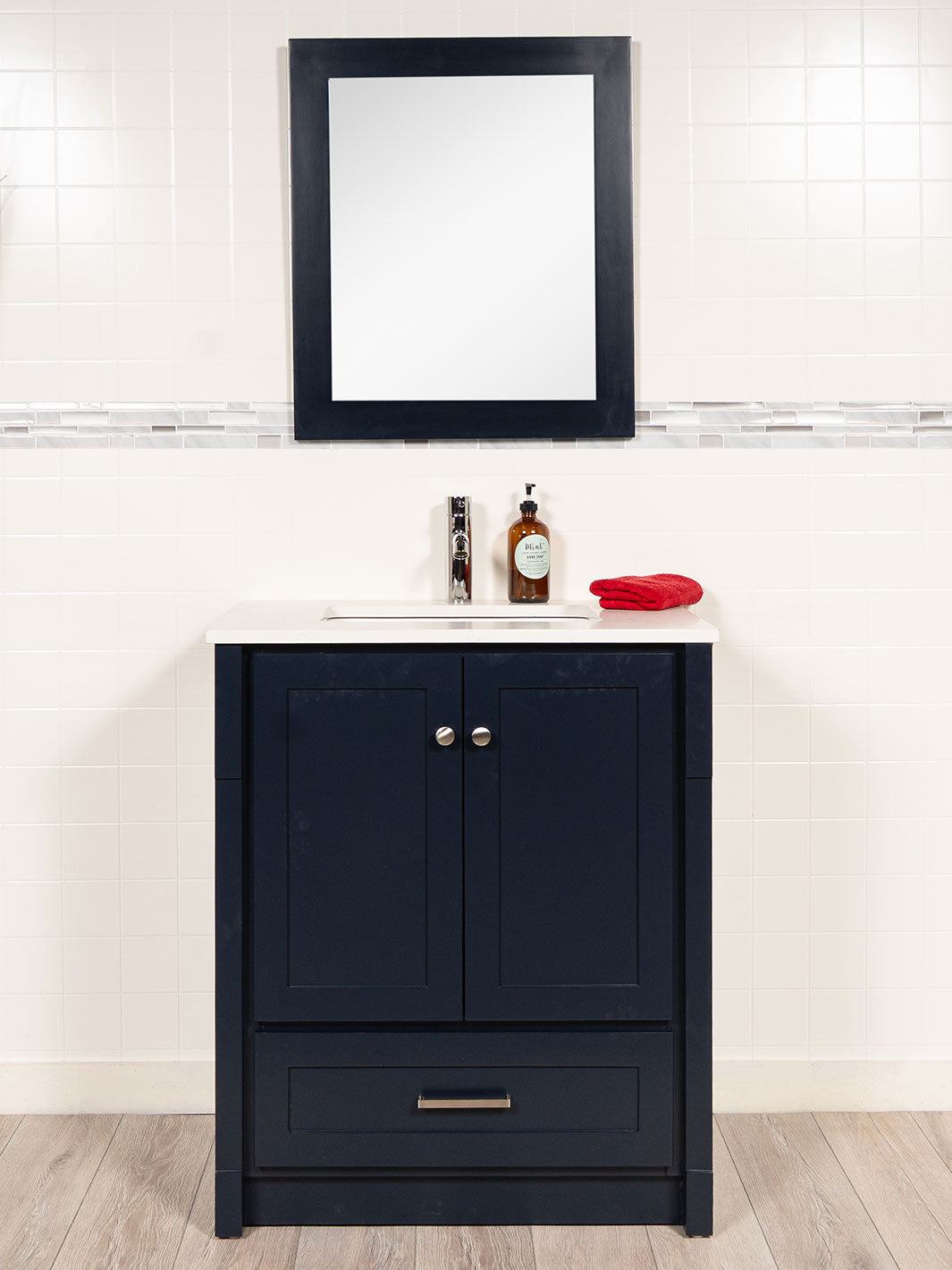 30 inch blue bathroom vanity with white counter, chrome faucet and blue mirror