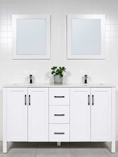 60 inch double sink vanity in white with matching mirrors