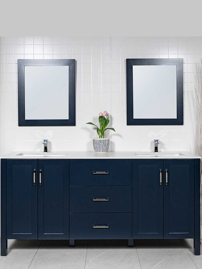 blue 72 inch vanity with matching mirrors, chrome faucet and pulls