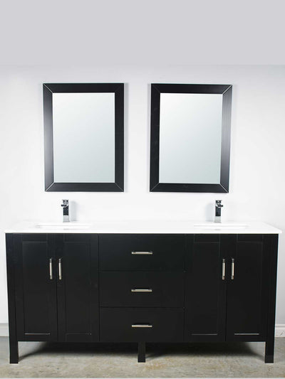 black 72 inch bathroom vanity with matching mirrors, chrome faucets and door hardware