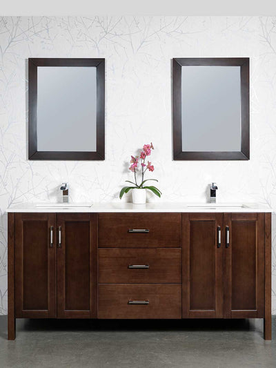 chocolate brown cabinet with matching mirrors, white counter, chrome faucet and pulls
