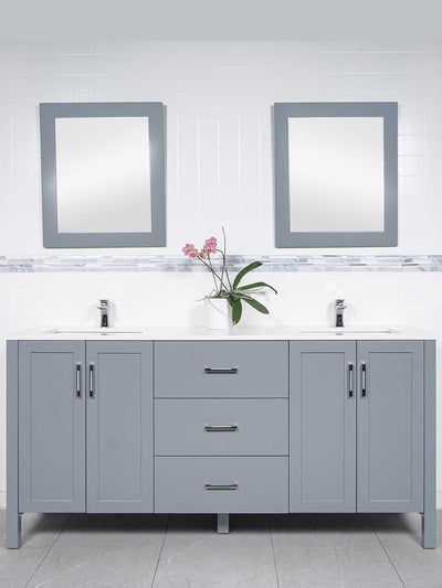 grey vanity 72 inches, matching mirrors, white counter, chrome faucets and pulls