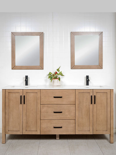 72 inch white oak vanity double sink with matching mirrors, and quartz counter