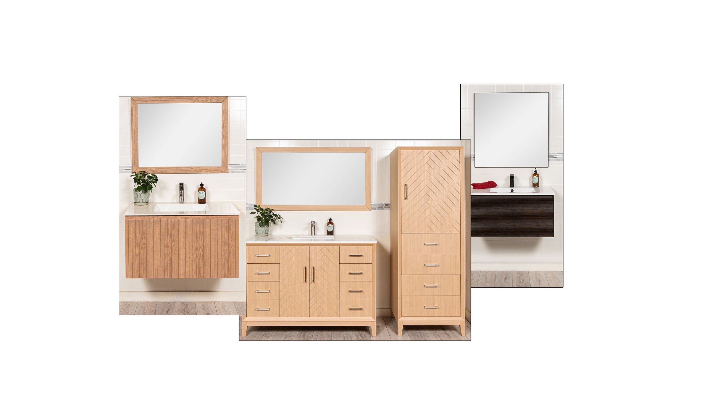 36 inch floating vanity, 48 inch vanity with linen tower and 32 inch floating vanity