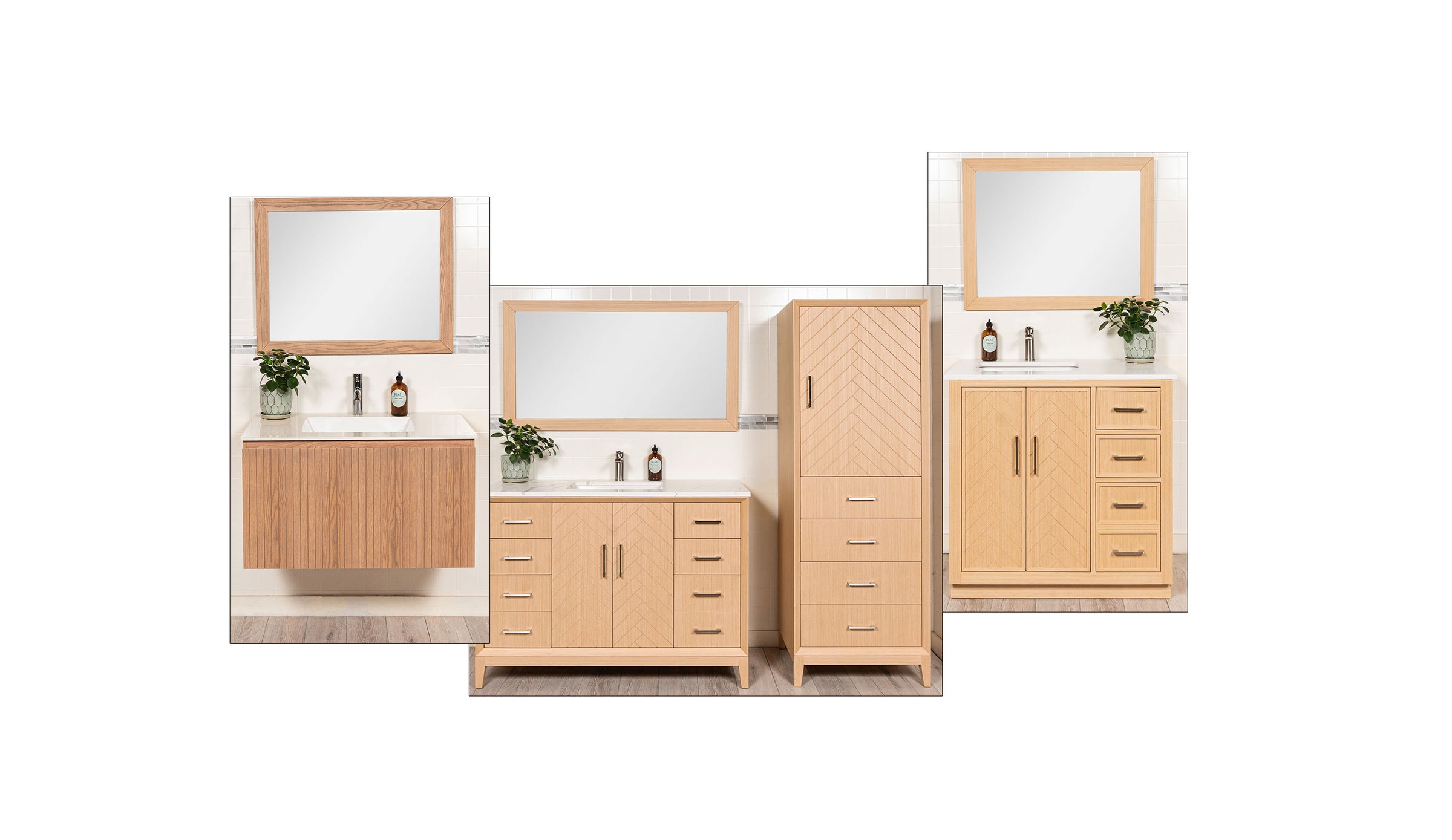three vanities light oak. one floating two floor standing and one line cabinet