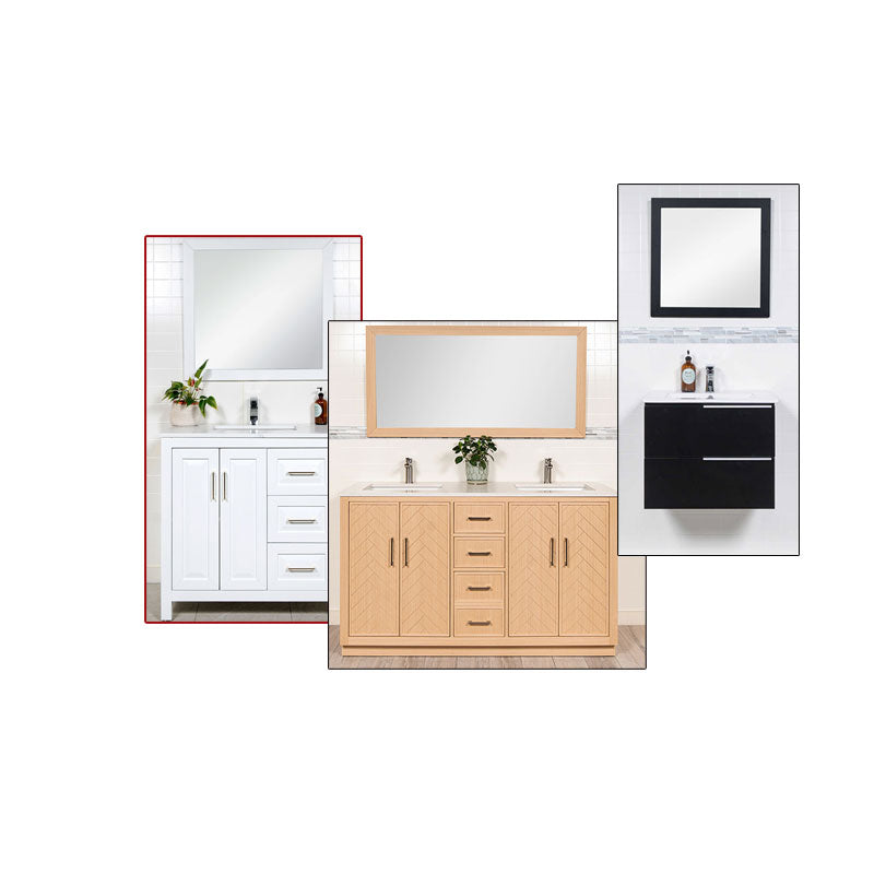 white vanity, light oak vanity, black floating vanity