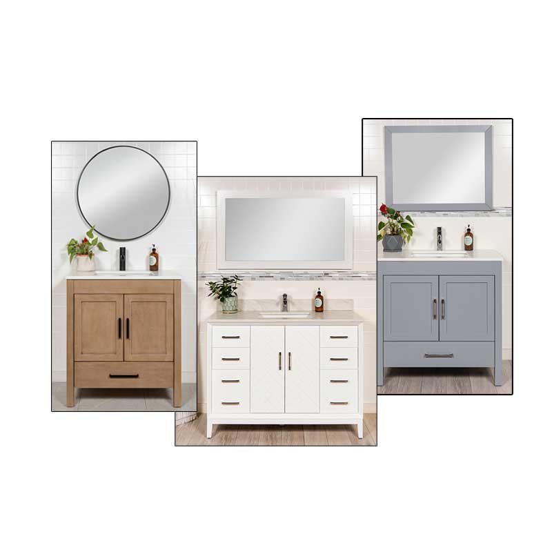 Three bathroom vanity cabinet options shown side by side  a white oak single-sink cabinet with a round mirror, a white single-sink cabinet with a rectangular mirror, and a grey vanity cabinet with a rectangular mirror.