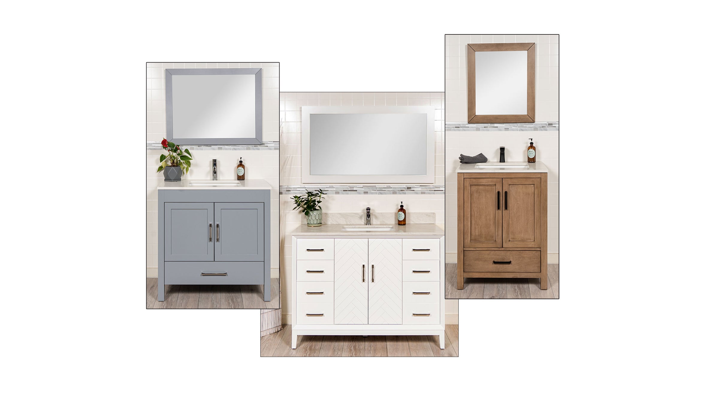 Three bathroom vanity cabinet options shown side by side against a white background: a gray cabinet with a mirror, a white cabinet with drawers and mirror, and a medium wood cabinet with a mirror.