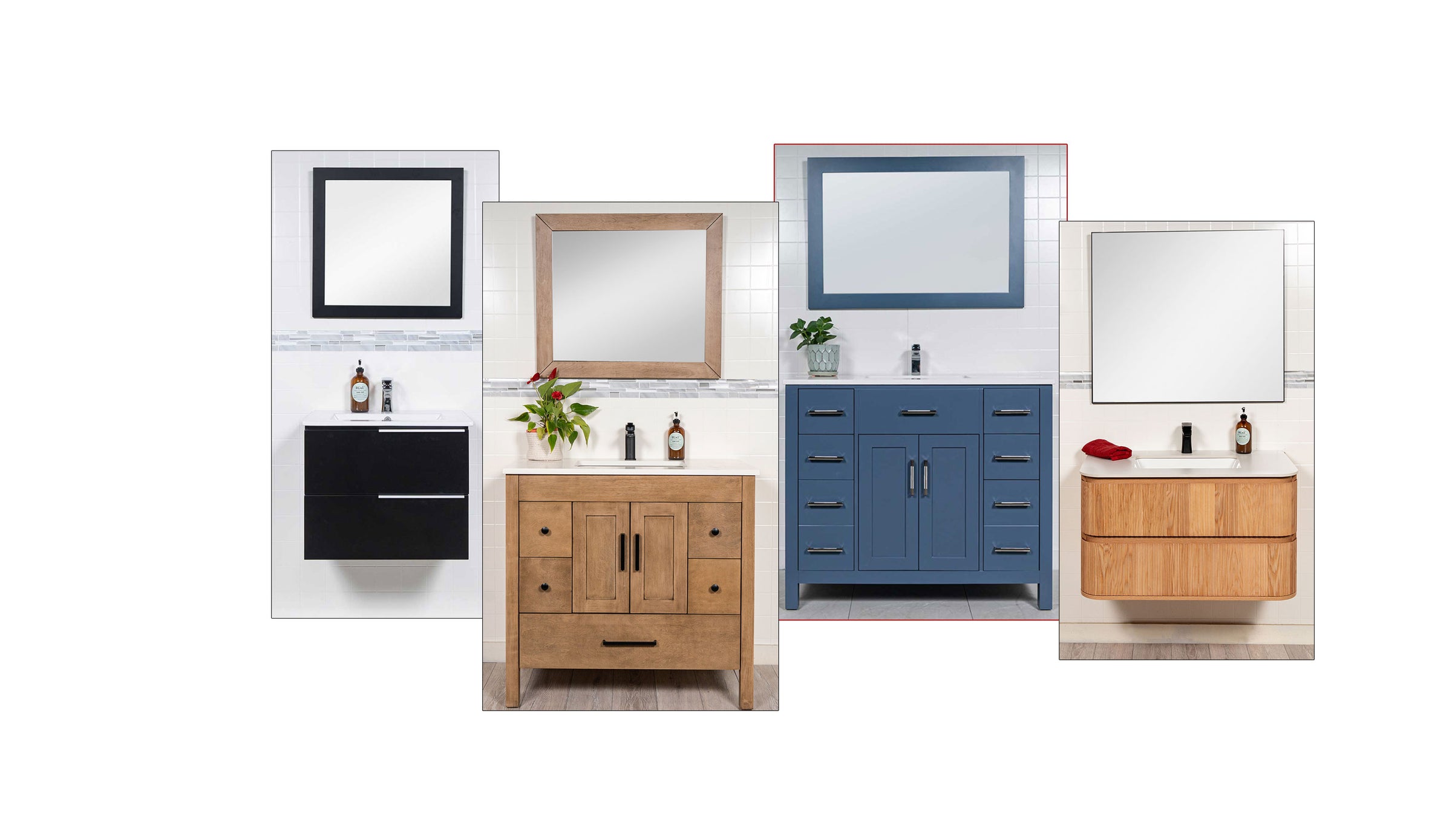 black vanity, white oak vanity, blue vanity, reeded vanity