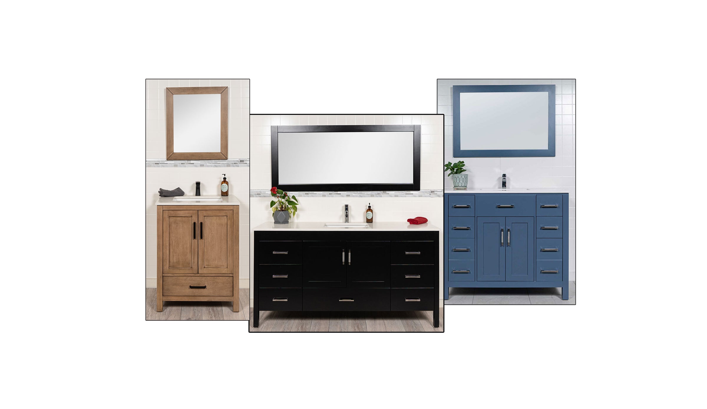 three vanities, white oak, black and blue