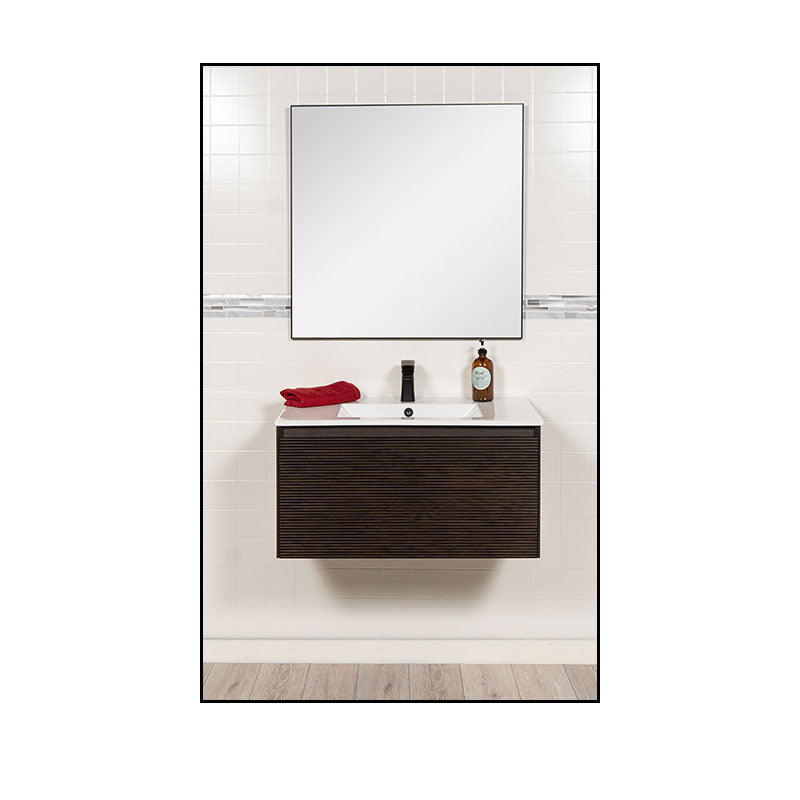 dark brown floating vanity, mirror and black faucet
