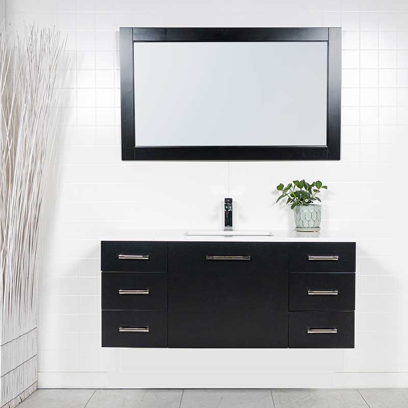 floating bathroom vanity in black with counter and faucet