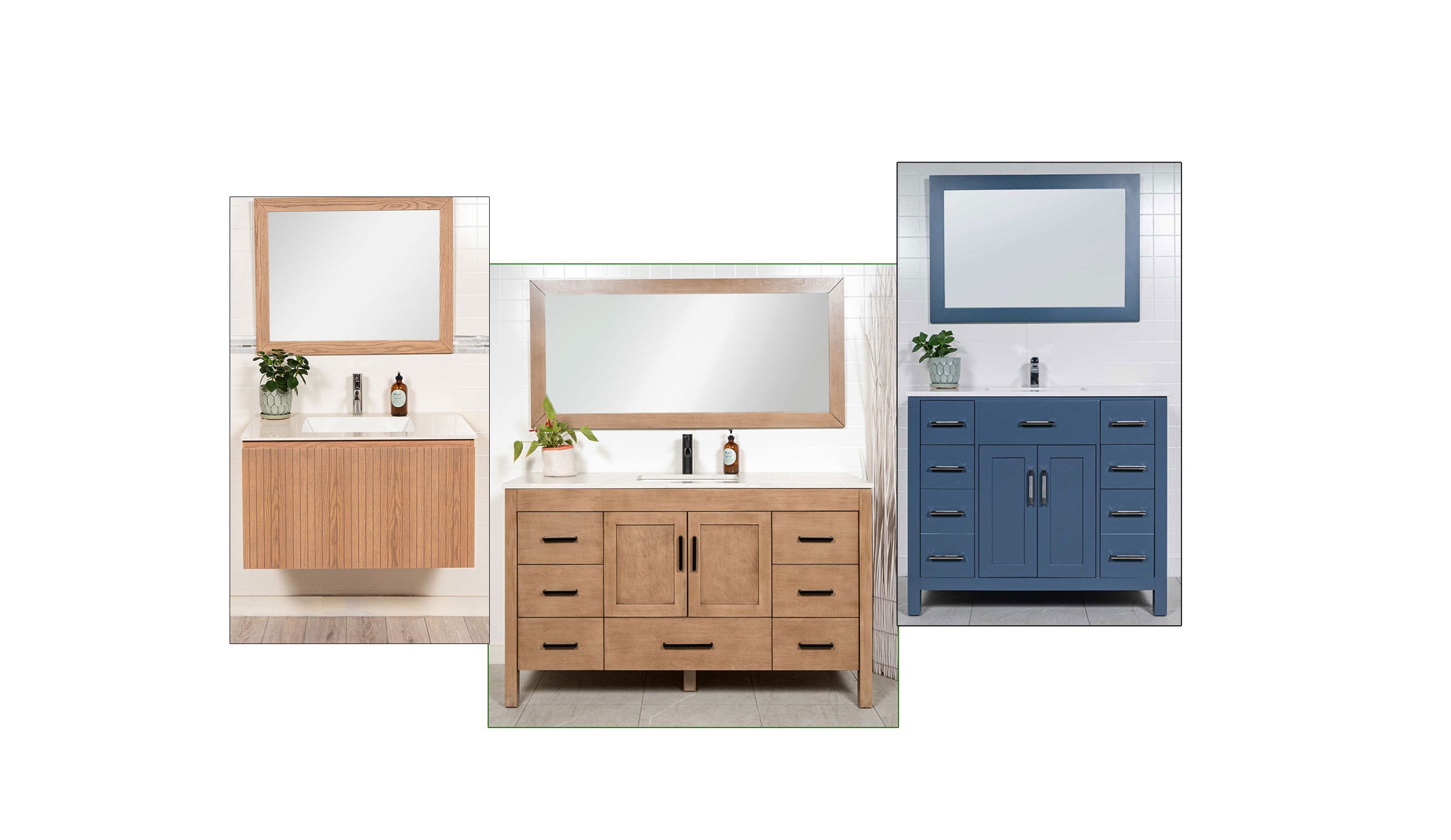 floating vanity with reeded design, white oak single sink vanity, blue vanity with counter