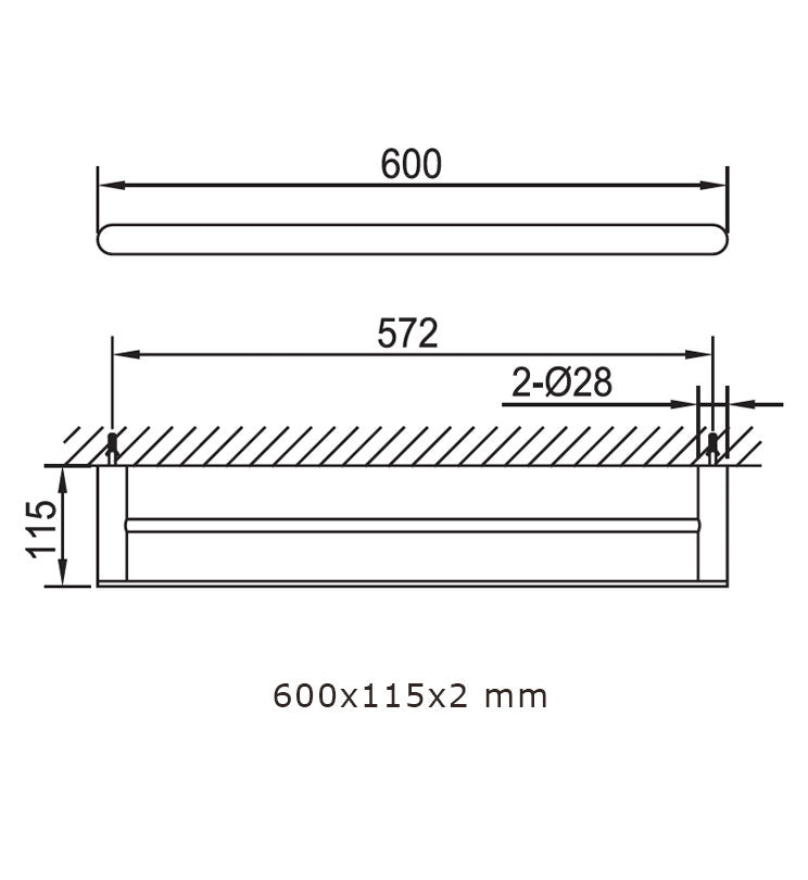 Schematic diagram for double towel bar 600x115x28 mm