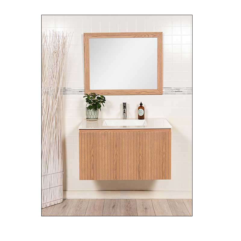single vanity, floating style, reeded drawer
