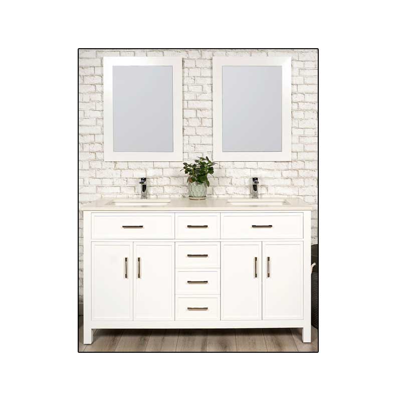 A white double-sink bathroom vanity cabinet with slim shaker design. It has two doors, four drawers, and long metallic handles, shown against a white brick wall with two mirrors and faucets above.