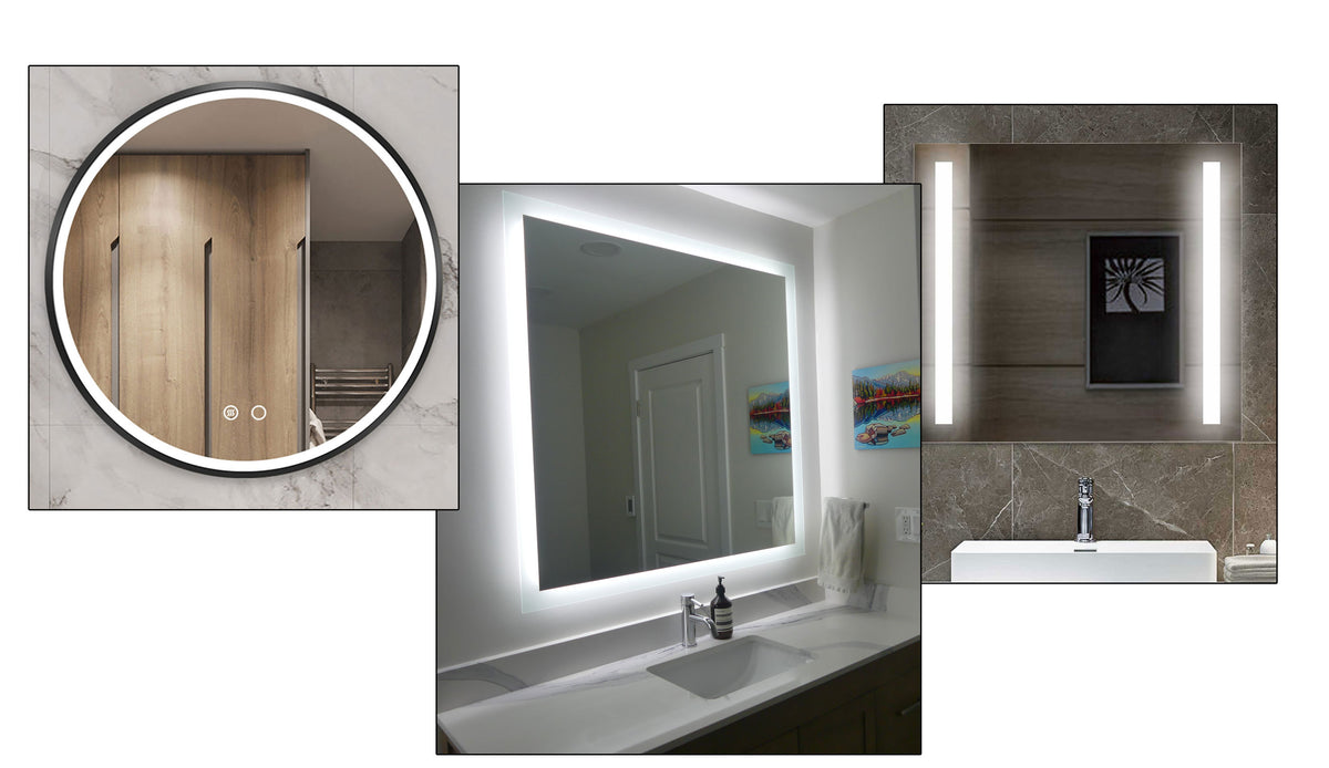 three backlit mirrors, one round with black frame, one rectangular and one square