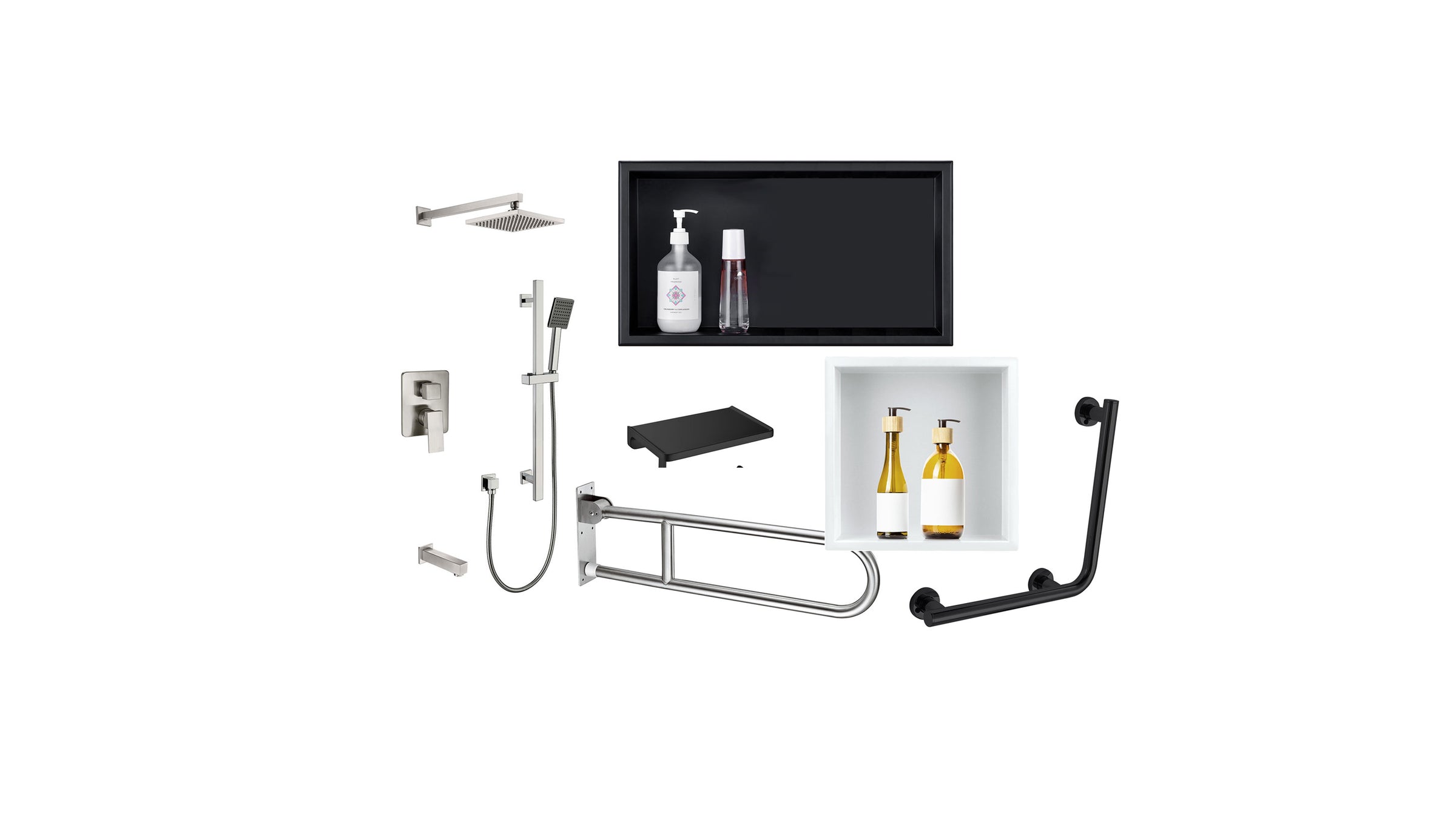 shower niche, grab bar, shower system